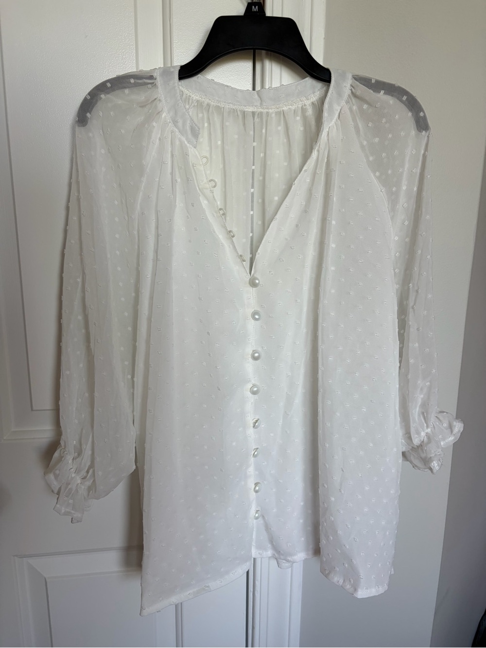 White Swiss Dot Button-Front Women’s Blouse